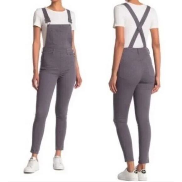 WE WORE WHAT Gray L Denim Overalls Cotton Suspender Button High Rise Skinny Leg - Picture 1 of 10